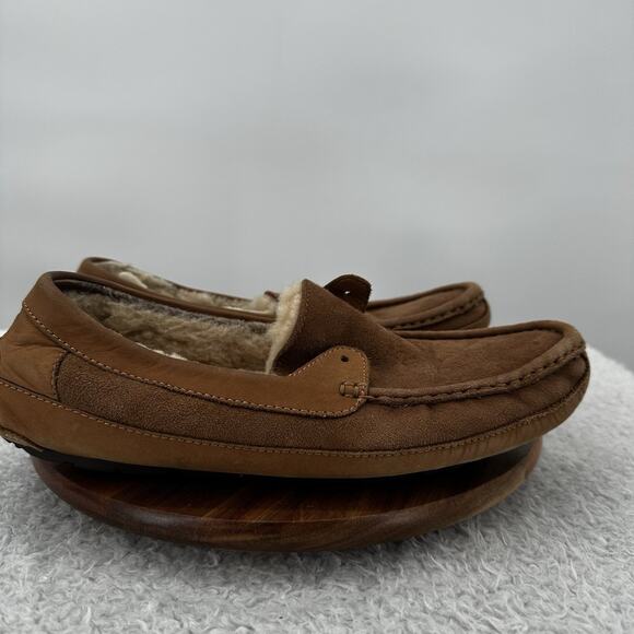 Ugg Slipper Mens 9 Leather Sheepskin Chestnut Moc Toe Lace up - Picture 1 of 10